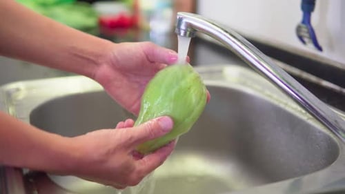 Woman hands are washing fresh green chayote in a kitchen