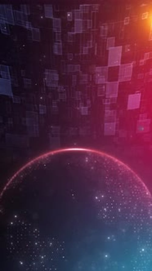 Futuristischer Weltrand erhebt sich und regnet digitale Kugelpartikel, die eine Raumanimation für ein virtuelles Netz bilden