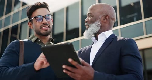 Tablet, teamwork and business people doing research in the city planning a legal strategy