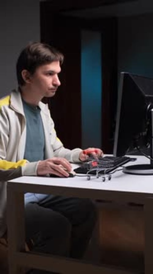 Young Adult Using Computer at Desk