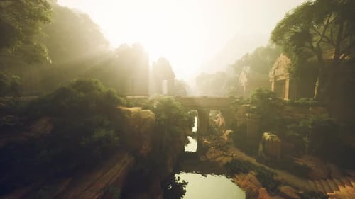 Sunlit Aged Stone Bridge Crosses River with Morning Haze Surrounding It