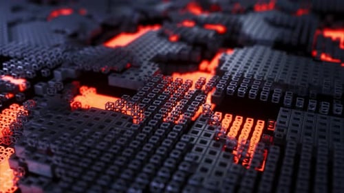 Animação 3D de uma paisagem digital com padrões brilhantes em forma de lapela entre blocos Techgrid