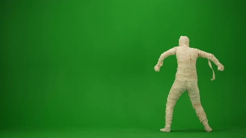 A Mummy Wrapped in Bandages Dances By Raising His Arms and Jumping Green Screen Isolated Chroma Key