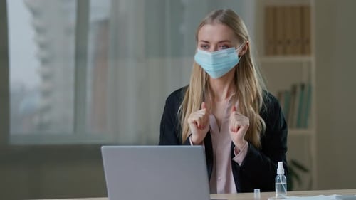 Caucasian Business Woman in Office Put on Three Face Medical Protective Mask Funny Scared