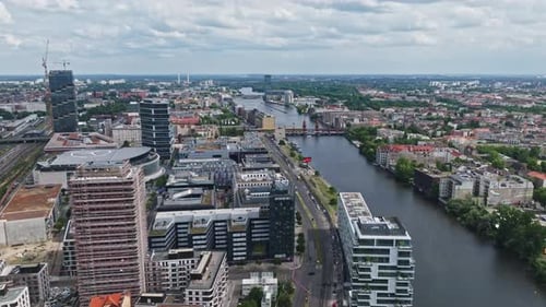 Aerial view of modern buildings on the bank of spree river Berlin, Germany .