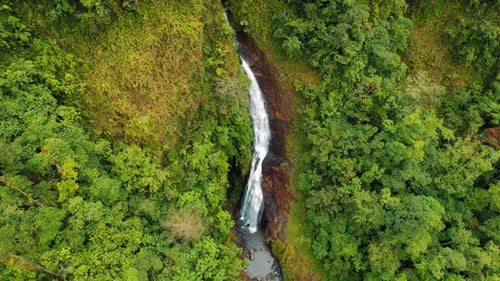 Aerial view of tall waterfall cascading down green rainforest in Costa Rica