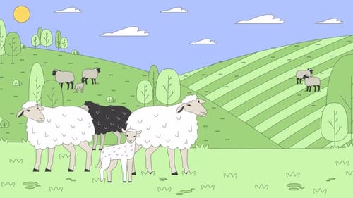 Cute sheep with lamb on green pastureland cartoon animation