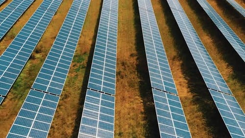 Aerial View of Photovoltaic Solar Panels in a Solar Farm