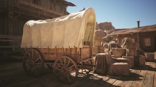 Covered Wooden Wagon Resting on a Wooden Platform in a Desert Town