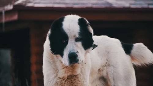 Hungry Homeless Big Dog on the Street in Winter Eats Food Slow Motion