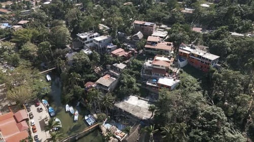 Aerial of Mismaloya Puerto Vallarta beach resort town drone footage