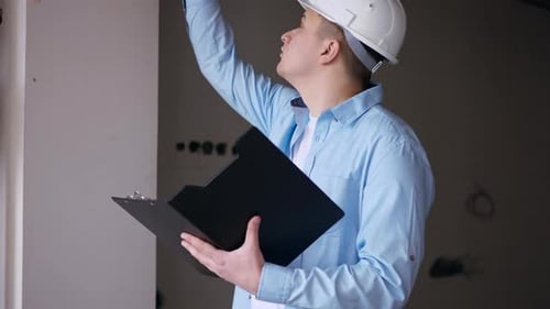 Man in Hard Hat Inspecting Home Construction