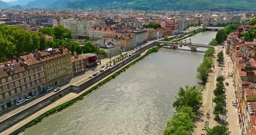 Aerial View of Grenoble Panoramic View Featuring the Isere River Urban Landscape Mountains in the