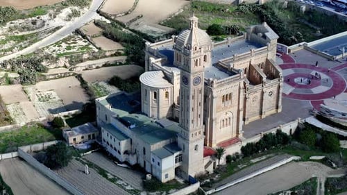 Aerial view of the majestic Ta Pinu Basilica in Gozo Malta during a bright sunny winter morning