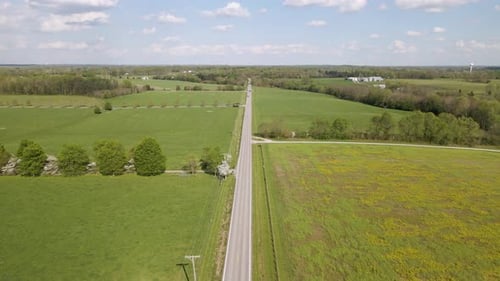 Car Driving on a Rural Road Through Green Fields
