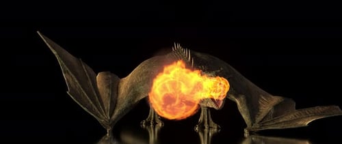 Realistischer Drache spuckt Feuer auf schwarzem Hintergrund auf