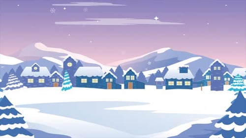 Animated Flat Design Winter Village Landscape with Falling Snow