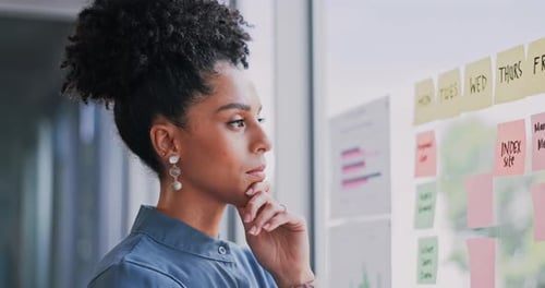 Woman Planning Tasks on Glass Wall in Office