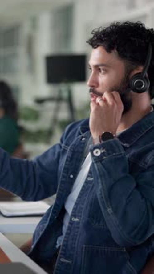 Headset, man and customer service agent in office for communication, contact us or help desk