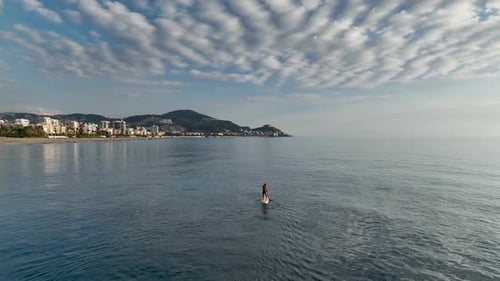 Sea Man Sup Top Down View on Athlete Man Swimming in Sea and Paddleboarding at Summer Sunset