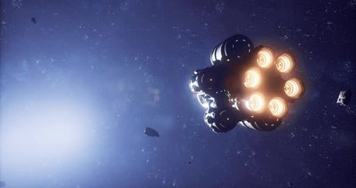 Spaceship Exploring Asteroid Field in Deep Space During a Cosmic Journey
