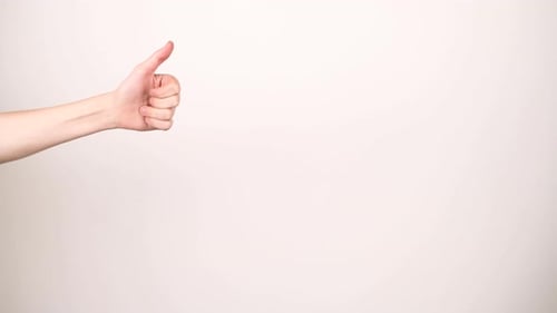 Four thumbs up coming in frame one at the time on a white background.