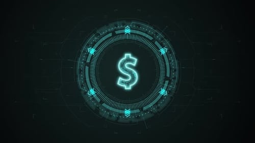 Blue digital money logo with HUD UI circle technology interface futuristic elements abstract