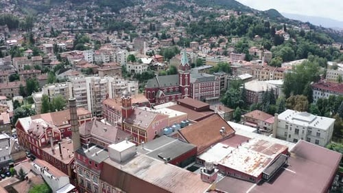 Aerial video of the capital city of Sarajevo of Bosnia and Herzegovina