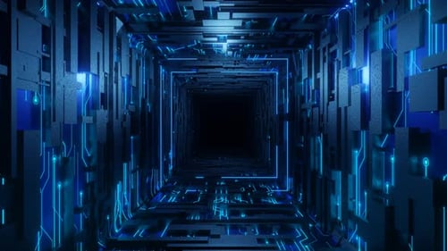 Blockchain technology concept. The camera moves along the tunnel.