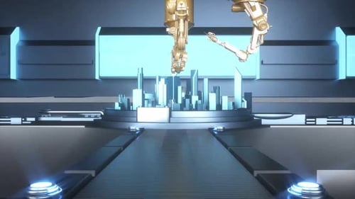 Automated Robot Arm Assembly Line Manufacturing High-Tech Green Energy Electric Vehicles