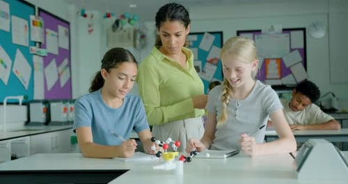 Students Learn Science with Molecule Model in Classroom