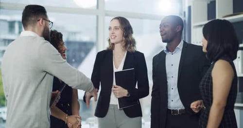 4k video footage of a group of businesspeople shaking hands in an office