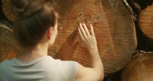 Femme touchant les anneaux d'une grande souche d'arbre reflétant l'âge et l'histoire naturelle de la forêt