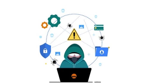 Hacker Working on Laptop with Cyber Security Network Animation