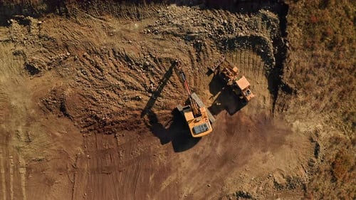 Aerial View of Excavator and Bulldozer Working