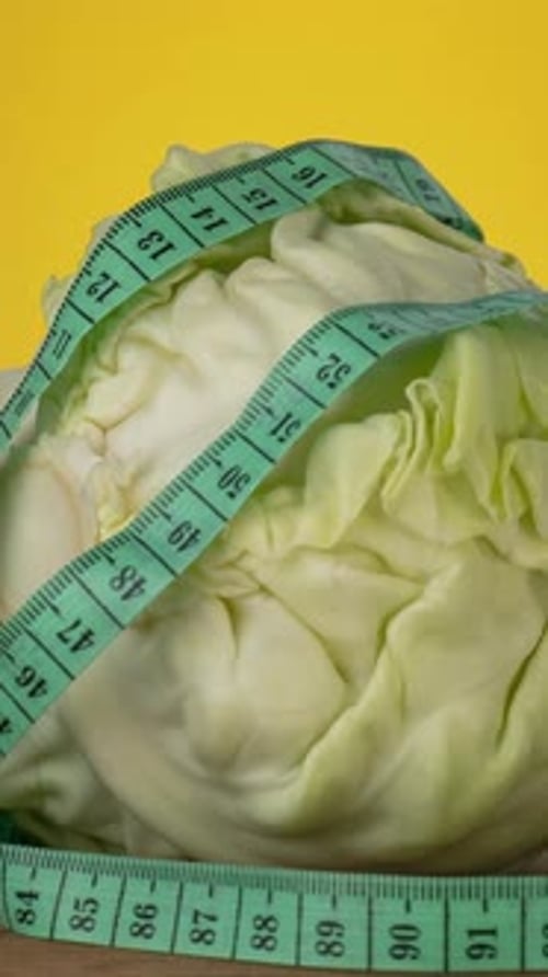 Cabbage Wrapped With Measuring Tape on Yellow Background