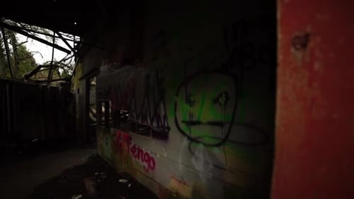 Abandoned Graffiti Building with Overgrown Vines