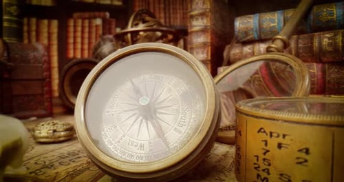 Vintage style travel and adventure. Vintage old compass and other vintage items on the table.