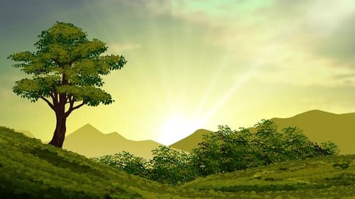 Animated Green Agricultural Landscape with Tree and Glowing Sunrise
