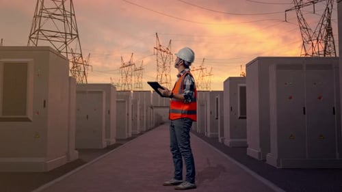 Side View Of Asian Male Engineer Looking At The Tablet In His Hand with High Voltage Power
