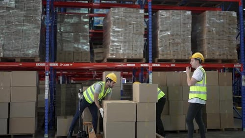 Blue collar workers are working at warehouse.