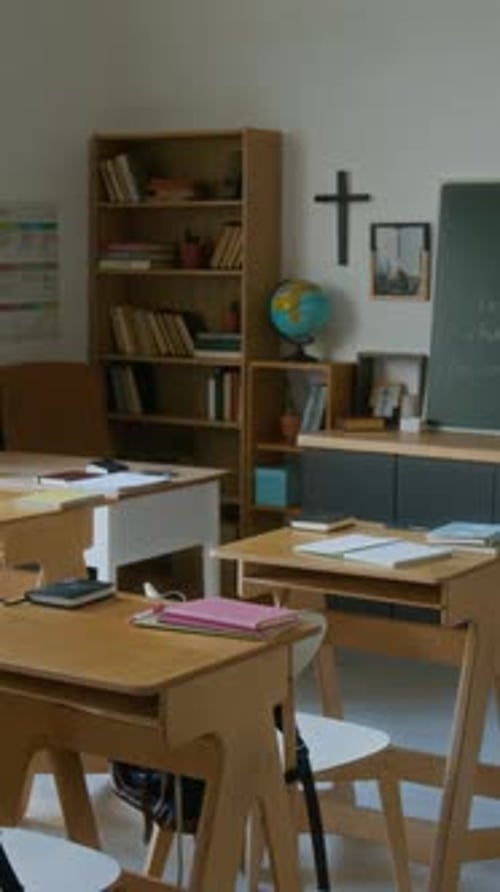 Vertical of Empty Classroom in Modern Christian School