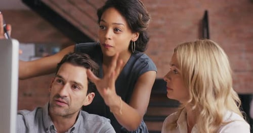 Diversity, teamwork or business people with computer in office for business meeting