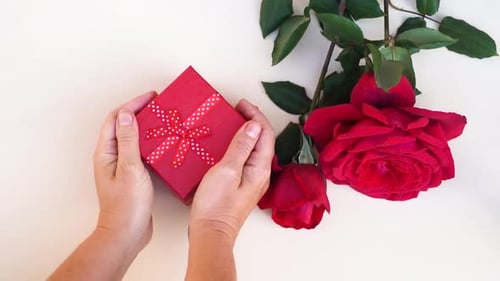 Hands Placing Red Gift Beside Red Roses