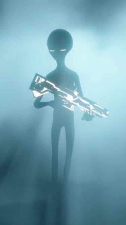Gruselige graue Aliens mit Waffen in der Hand treten in das volumetrische Licht.
