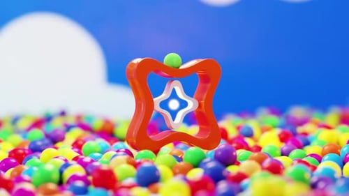 3D Rendering of Ball Rolling on Red Gear Above Colorful Candy Balls
