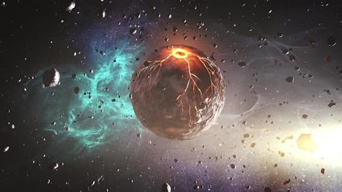 Außerirdischer Planet mit heißem Magma und Asteroiden, 4K