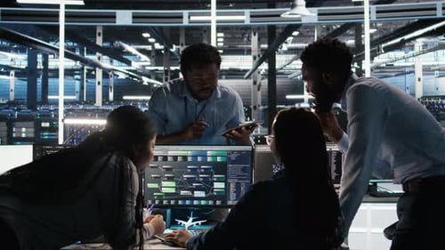 Data Center Coworkers Doing Brainstorming Using Node Tree Software