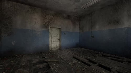 Abandoned Room with Peeling Walls and a Cracked Wooden Floor in Dim Light