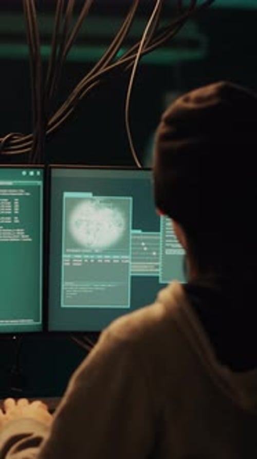 Young Adult Coding at Computer in Dark Room